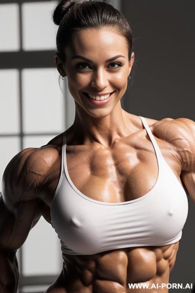 ((nude smiling very muscular short fbb woman with rockhard pecs)), ((extreme sculpted abs)), ((very muscular pecs)), ((very muscular bodybuilder delts)), ((very muscular bodybuilder traps)), (very muscular - ai-porn.ai on pornsimulated.com