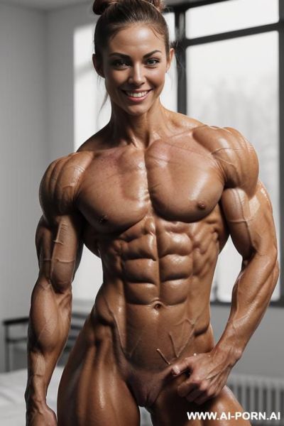((nude smiling very muscular short fbb woman with rockhard pecs)), (((nude))), ((naked)), ((extreme sculpted abs)), ((nude very muscular pecs)), ((very shredded pec gains)), ((very muscular bodybuilder - ai-porn.ai on pornsimulated.com