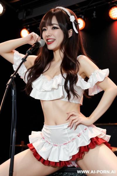 (japanese idol) (bangs) (long messy hair) (squating) (spread legs) (pussy) (smile) (idol costume) (frilled blouse) (live music club stage) - ai-porn.ai - Japan on pornsimulated.com