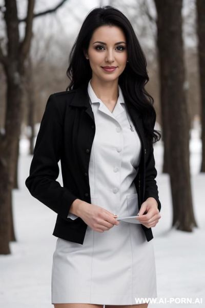 Beautiful, realistic, hungarian, milf, slight cheekbones, wavy hair, dark brown hair, white skin, perfect natural boobs, athletic body, slight smile, makeup, eye shw, standing, spreading legs, skin tight black dress, snow background. - ai-porn.ai - Hungary on pornsimulated.com