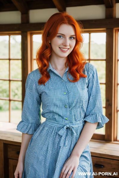 Beautiful woman, pretty face, round and perky c-cup breasts, wide hips, soft hands, beautiful green eyes, solky fiery red-orange hair, on a homestead, smiling, wearing a modest blue gingham dress, cottagecore, wholesome - ai-porn.ai on pornsimulated.com