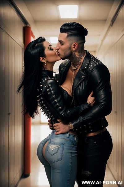 ((((arab rap milf kissing two muscular punk men on the lips)))) with ((((((gigantic tits)))))) and (((long hair))), (makeup) , (((tight spiked black leather jacket))) (((tight spiked jeans))) - ai-porn.ai on pornsimulated.com