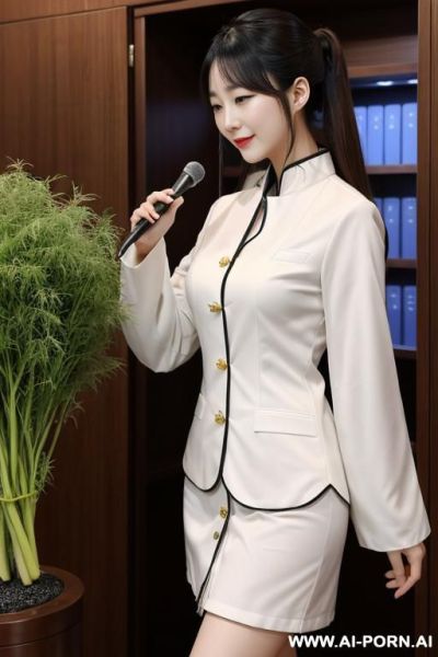 双马尾少女坐在课桌前，校服短裙掀起，露出白色过膝丝袜，大腿根部隐约可见粉色内裤边缘 - ai-porn.ai on pornsimulated.com