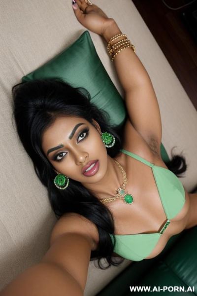 Beautiful indian female, round face, dark skin, 1, long black hair, black eyes, opened eyes, makeup, green gem ear rings, green gem wristbands, green gem ankle bracelets, green gem necklace, - ai-porn.ai - India on pornsimulated.com