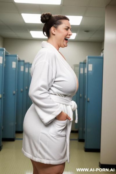 Extremely saggy tits with huge pointing down nipples, fat arms, huge round ass, wide hips, wet skin, (wide opening her white bathrobe), show boobs, totaly wet, bbw face, no panties, side view, removing her bathrobe, cum on boobs - ai-porn.ai on pornsimulated.com