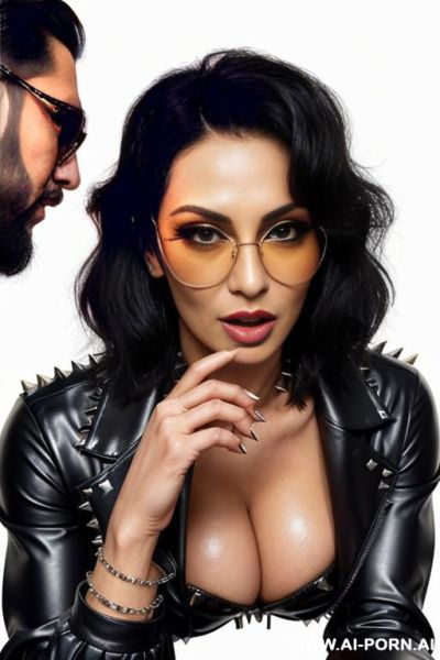 ((((persian rap milf kissing a muscular punk man on the lips)))) with ((((((gigantic tits)))))) and (((long hair))), (makeup) , (((tight spiked black latex jacket))) (((tight spiked black latex - ai-porn.ai - Iran on pornsimulated.com