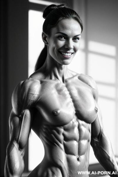 ((nude smiling very muscular short fbb woman with rockhard pecs)), (((nude))), ((naked)), (((very white skin with muscle veins))), ((extreme sculpted abs)), ((nude very muscular pecs)), ((very shredded - ai-porn.ai on pornsimulated.com