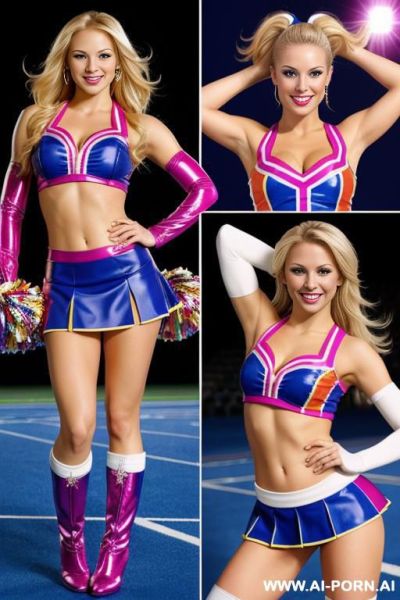 Create a collage of a blonde cheerleader in different cheer leading outfits all shiny with boots start with multicolored outfit images on the collage - ai-porn.ai on pornsimulated.com