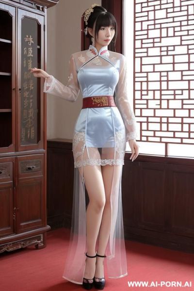 Chinese princess, lace pleated skirts, chinese clothes, traditional clothes, chinese old version, old china outfit, short skirts, light blue through clothes - ai-porn.ai - China on pornsimulated.com