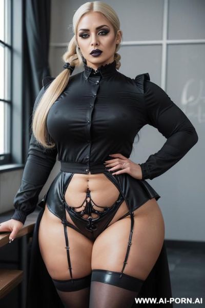 (((goth uniform))) with (((skirt))), (pretty), (full body), (realistic), (full view) thick thighs, naughty, good makeup, ((oiled up, lube, slippery)), nsfw, (((realistic look, super realistic))) (((frontal - ai-porn.ai on pornsimulated.com