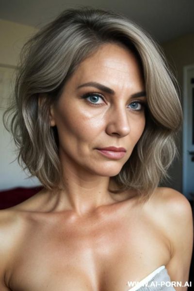 Old woman, round shape face, wrinkled skin, high cheekbones, saggy cheeks, narrow nose, mouth, tired eyes, brown eyes, wavy grey hair, short hair, disgusted expression, eye contact. profile, portait - ai-porn.ai on pornsimulated.com