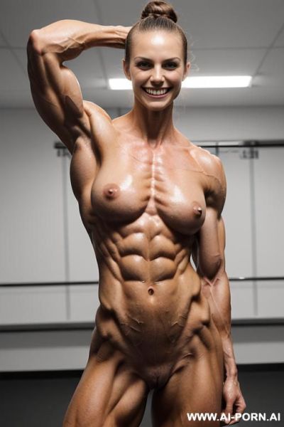 ((nude smiling very muscular short fbb woman k. knightley with rockhard pecs)), (((nude))), ((naked)), (((very white skin with muscle veins))), ((extreme sculpted abs)), ((nude very muscular pecs)), - ai-porn.ai on pornsimulated.com