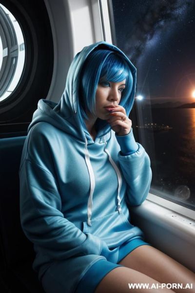 Space station. blue decor. space out the window. woman sitting, drinking coffee. blue hair. blue everywhere. oversized hoodie. sad expression. tired. sleepy. nighttime. - ai-porn.ai on pornsimulated.com