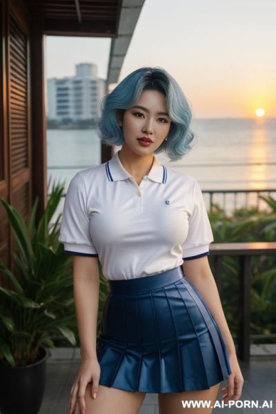 Pretty, vietnamese, caucasian, 30, voluminous wavy hair, dark brown hair, white skin, perfect boobs, slight smile, makeup, eye shw, standing, spreading legs, polo shirt, short pleated skirt, blurred background, patio background. - ai-porn.ai - Vietnam on pornsimulated.com