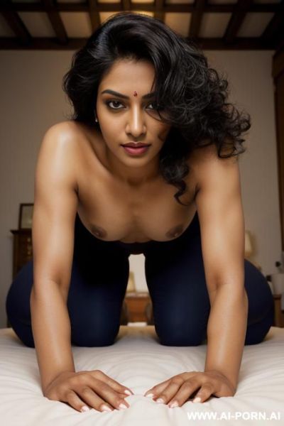 ((indian)), ((perfect nipples)), ((perky tits)), ((sexy poses)), on all fours knees under hips shoulder-width hands ford wrists down fingers curled gripping sheet lightly; back dipped low spine concave - ai-porn.ai - India on pornsimulated.com
