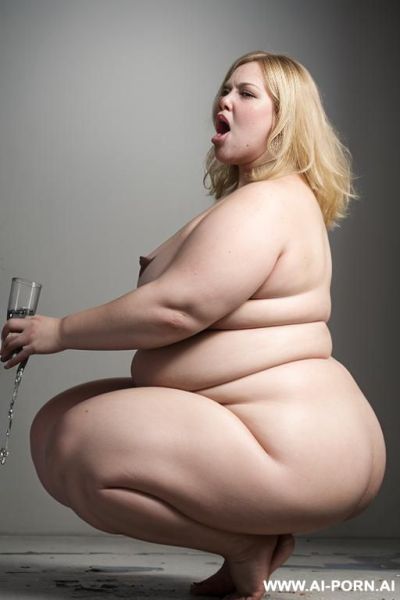 Very saggy boobs, wide open mouth with stucking out tongue, (receiving water jet from above on her face), side view, fat arms, fat belly, huge ass - ai-porn.ai on pornsimulated.com