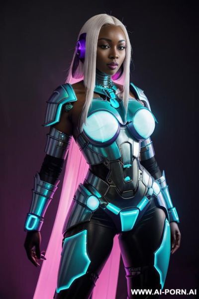 (turquoise robotic armor with purple light bands highlighting her breast and thighs), (shoulder length hair), (facing the viewer), - ai-porn.ai on pornsimulated.com