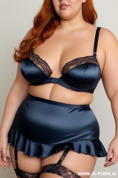 Half body photo shot close up. a ((british obese fat bbw redhead)), ((thick with love handless)). ((wearing a brown sexy and hot garter belt lingerie, and a dark-blue ruffle silk micro-skirt)). she is dancing. - ai-porn.ai - Britain on pornsimulated.com