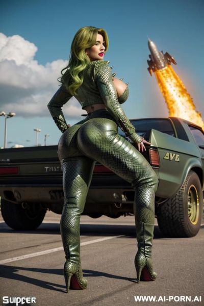 ((((american rap milf)))) with ((((((súper gigantic tits 00 -cup)))))) and (((long hair))), ((makeup)) , (((tight spiked green python print leather jacket))) (((tight spiked green python print leather pants))) (((boots))) ((((big ass)))) - ai-porn.ai - Usa on pornsimulated.com