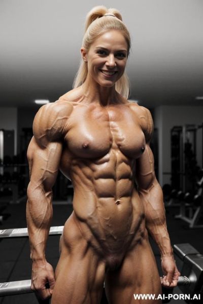 (((nude white blonde french smiling very muscular female bodybuilder a. mohn almbody with rockhard pecs))), (extreme sculpted abs), ((very muscular pecs)), ((very muscular delts)), ((very muscular - ai-porn.ai - France on pornsimulated.com
