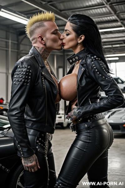 ((((arab rap milf kissing two muscular punk men on the lips)))) with ((((((gigantic tits)))))) and (((long hair))), (makeup) , (((tight spiked black leather jacket))) (((tight spiked black leather - ai-porn.ai on pornsimulated.com