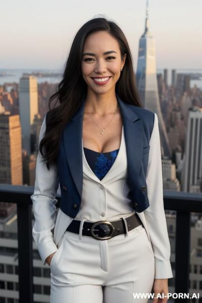 ((aj lee)), (rooftop), ((dark blue pant and dark blue suit jacket, fancy belt, white blouse )), (big full lips), ((smiling at the camera)), photorealistic, texan, (ultra detailed photo), (hyper - ai-porn.ai on pornsimulated.com