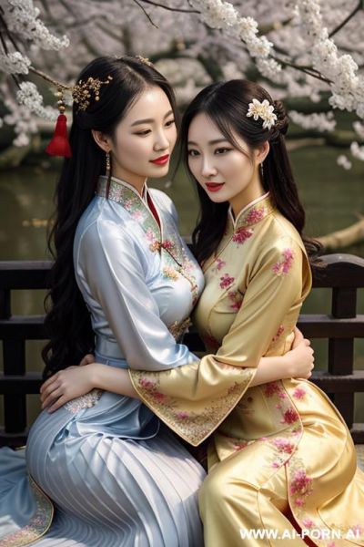 Tea party, full clothes, pleated dress, hugging each other, chinese clothes, traditional clothes - ai-porn.ai - China on pornsimulated.com