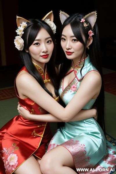Tea party, full clothes, pleated dress, hugging each other, chinese clothes, traditional clothes, chinese wedding - ai-porn.ai - China on pornsimulated.com