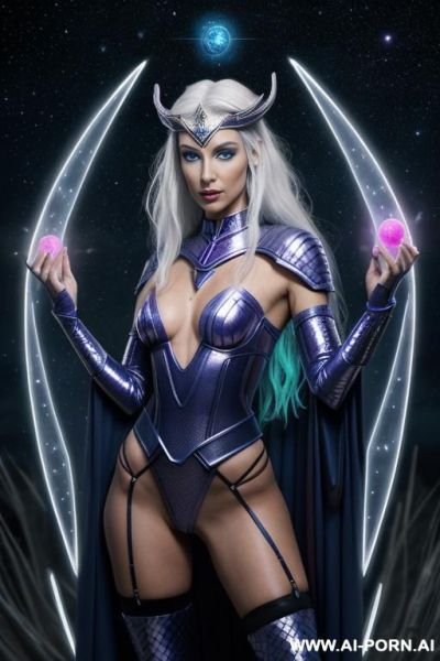 Space wizard, looking at viewer, (eye contact), front view, finely detail, majestic view, ultra detailed face, highly detailed skin, highly detailed hands, tall athletic body, ((white colored shiny - ai-porn.ai on pornsimulated.com