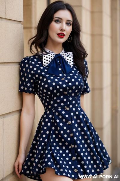 Lithe european woman, soft skin, dark hair, bow shaped lips, button nose, natural dd-cup breasts, happy, expressive, wearing a dark blue polka dot dress - ai-porn.ai on pornsimulated.com