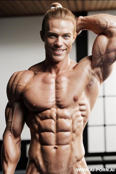 ((nude white ginger smiling very muscular short female muscle model fbb kat. lee klee02 with rockhard pecs)), (extreme sculpted abs), ((very muscular pecs)), ((very muscular delts)), ((very muscular - ai-porn.ai - Norway on pornsimulated.com