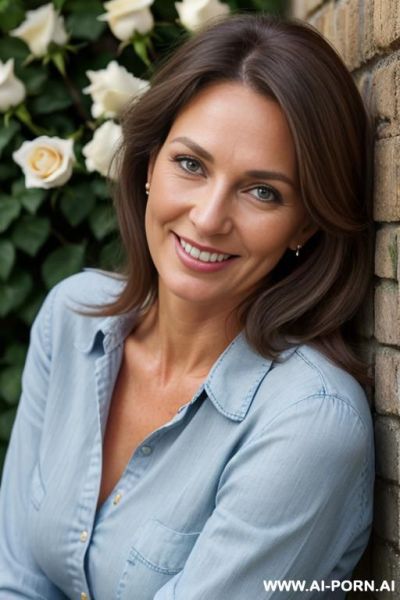 Beautiful european woman, fair skin, slight wrinkles, light brown hair with a some gray strands, smiling, big large blue-green eyes, button nose, soft facial features, full natural bust, wearing - ai-porn.ai on pornsimulated.com