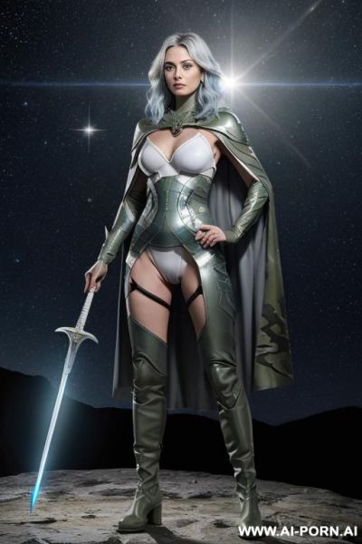 Space aegis woman, sinewy athletic body, (naked), (((white-gray skin))), (elegant sharp boobs), dominant woman, proud body pose, (elegant shape), front view, (eye contact), sharp face, brave face - ai-porn.ai on pornsimulated.com