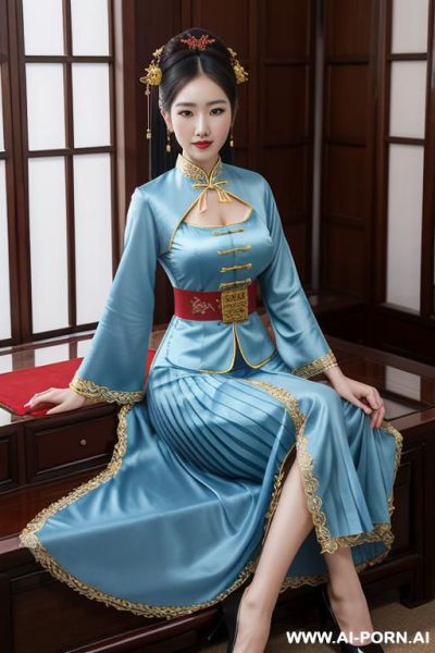 Many women in tea party, full clothes, pleated dress, chinese clothes, traditional clothes, chinese wedding, old china outfit, blue - ai-porn.ai - China on pornsimulated.com