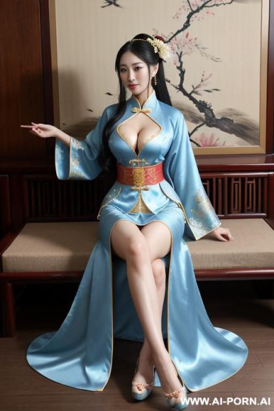 Tea party, full clothes, pleated dress, chinese clothes, traditional clothes, chinese wedding, old china outfit, blue - ai-porn.ai - China on pornsimulated.com