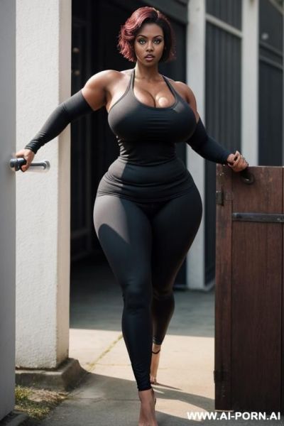 Sexy bimbo milf, milf, matured milf, thot, really dark black skin, deep dark black skin color, ultra thicc, bulked up thighs, tight shirt, extremely gigantic boobs, perfect eyes - ai-porn.ai on pornsimulated.com