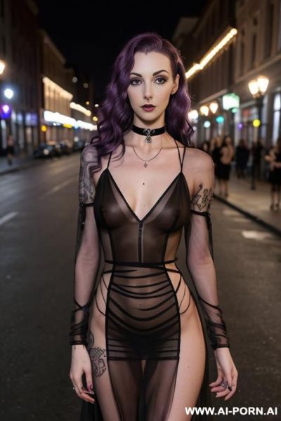 Purple hair, piercings, , medium wavy hair, tattoos, pretty, ((fully sheer) dress, choker, public nighttime street - ai-porn.ai on pornsimulated.com