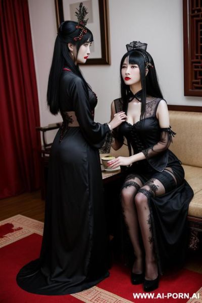 Tea party, goth woman, goth clothes, full clothes, long dress, hugging each other, many housemaid in background - ai-porn.ai on pornsimulated.com