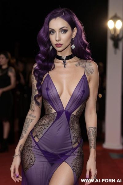 Purple hair, piercings, , medium wavy hair, tattoos, pretty, sheer dress, choker, red carpet, latina - ai-porn.ai on pornsimulated.com
