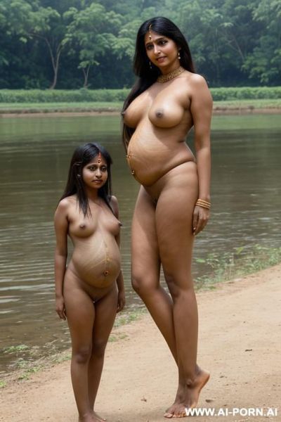 (((((amarsroshta-motherhood))))) (((two mature indian woman))), colonial farmer, in an indian river in the countryside, naked, heavenly beauty, round face, standing in front of me, positioned with hers - ai-porn.ai - India on pornsimulated.com