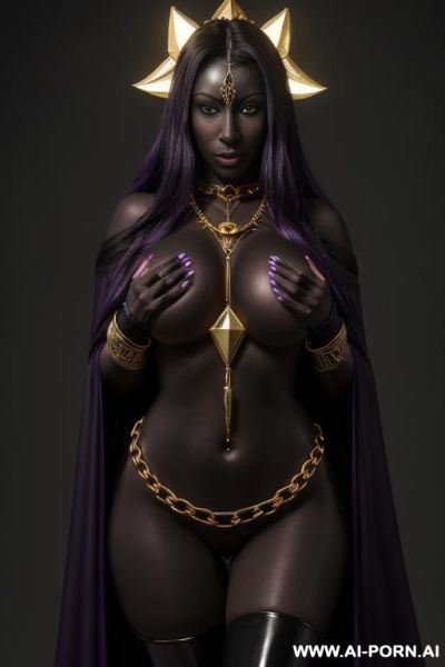(((symmetric body))), ((front view)), (golden necklaces), (((black noir skin))), (((dark black skin))), (noir skin), purple magical cape, wet skin, purple hair, ((golden hip chain)), (((symmetric))), (((black noir skin))), - ai-porn.ai on pornsimulated.com