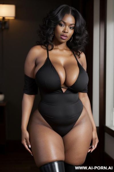 A black woman with a big ass, wide hips, and large, massive breasts. she is wearing a black b that covers her body - ai-porn.ai on pornsimulated.com