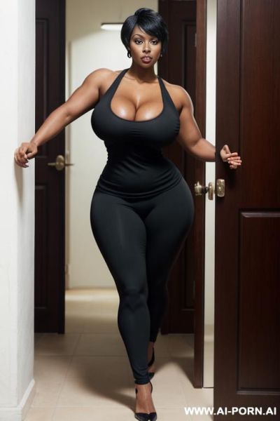 Sexy bimbo milf, milf, matured milf, thot, really dark black skin, deep dark black skin color, ultra thicc, bulked up thighs, tight shirt, extremely gigantic boobs, perfect eyes - ai-porn.ai on pornsimulated.com