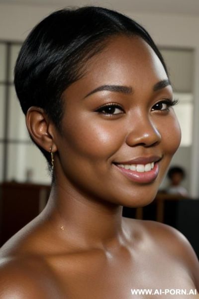 Jamaican woman with beautiful face, short straight hair down to her neck, dark black skin, chipmunk cheeks (((very round cheeks))), thick cheeks, bever smile, cat-like shaped eyes, bright eyes, mid-size head - ai-porn.ai - Jamaica on pornsimulated.com