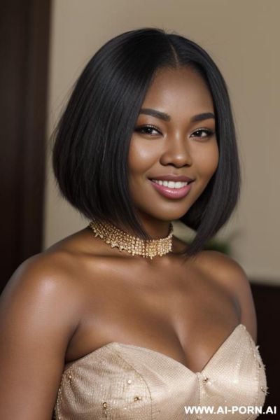 Jamaican woman with beautiful face, let down hair, short straight hair down to her neck, dark black skin, chipmunk cheeks (((very round cheeks))), thick cheeks, chipmunk smile, cat-like shaped eyes, bright eyes, mid-size head, wide jaw - ai-porn.ai - Jamaica on pornsimulated.com