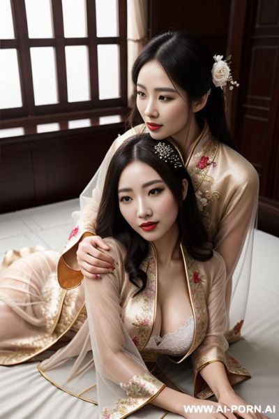 Tea party, full clothes, pleated dress, chinese clothes, traditional clothes, chinese wedding, old china outfit , lights color coat , 2 womens, lying on bed, women on top, hugging each other, kissing, - ai-porn.ai - China on pornsimulated.com