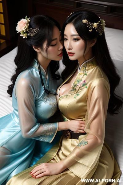 Tea party, full clothes, pleated dress, chinese clothes, traditional clothes, chinese wedding, old china outfit , lights color sheer coat , 2 womens, lying on bed, women on top, hugging each other, kissing, lookimg at another - ai-porn.ai - China on pornsimulated.com