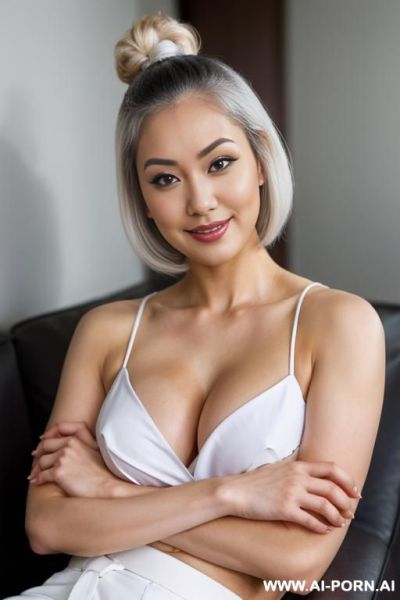 Japanese-american lady. tall, athletic, curvy. snow white hair in a chopstick bun. purple scarf. black work out clothes - ai-porn.ai - Usa on pornsimulated.com