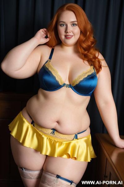 Half body photo shot close up. a ((british obese fat bbw redhead)), ((thick with love handless)). ((wearing a yellow sexy and hot garter belt lingerie, and a dark-blue ruffle silk micro-skirt)). she is smiling - ai-porn.ai - Britain on pornsimulated.com
