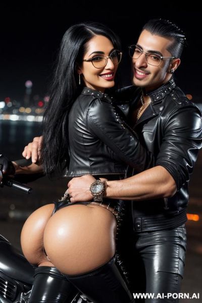 ((((nerdy arab rap milf hugging and kissing a muscular punk man on the lips)))) with ((((((gigantic tits)))))) and (((long hair))), (makeup) , (((tight spiked black latex jacket))) (((tight spiked - ai-porn.ai on pornsimulated.com